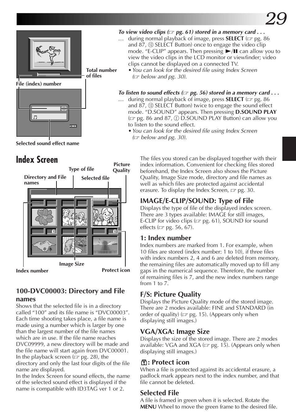 Index screen, Image/e-clip/sound: type of file, Index number | F/s: picture quality, Vga/xga: image size, Protect icon, Selected file | JVC GR-DVX48A User Manual | Page 29 / 100