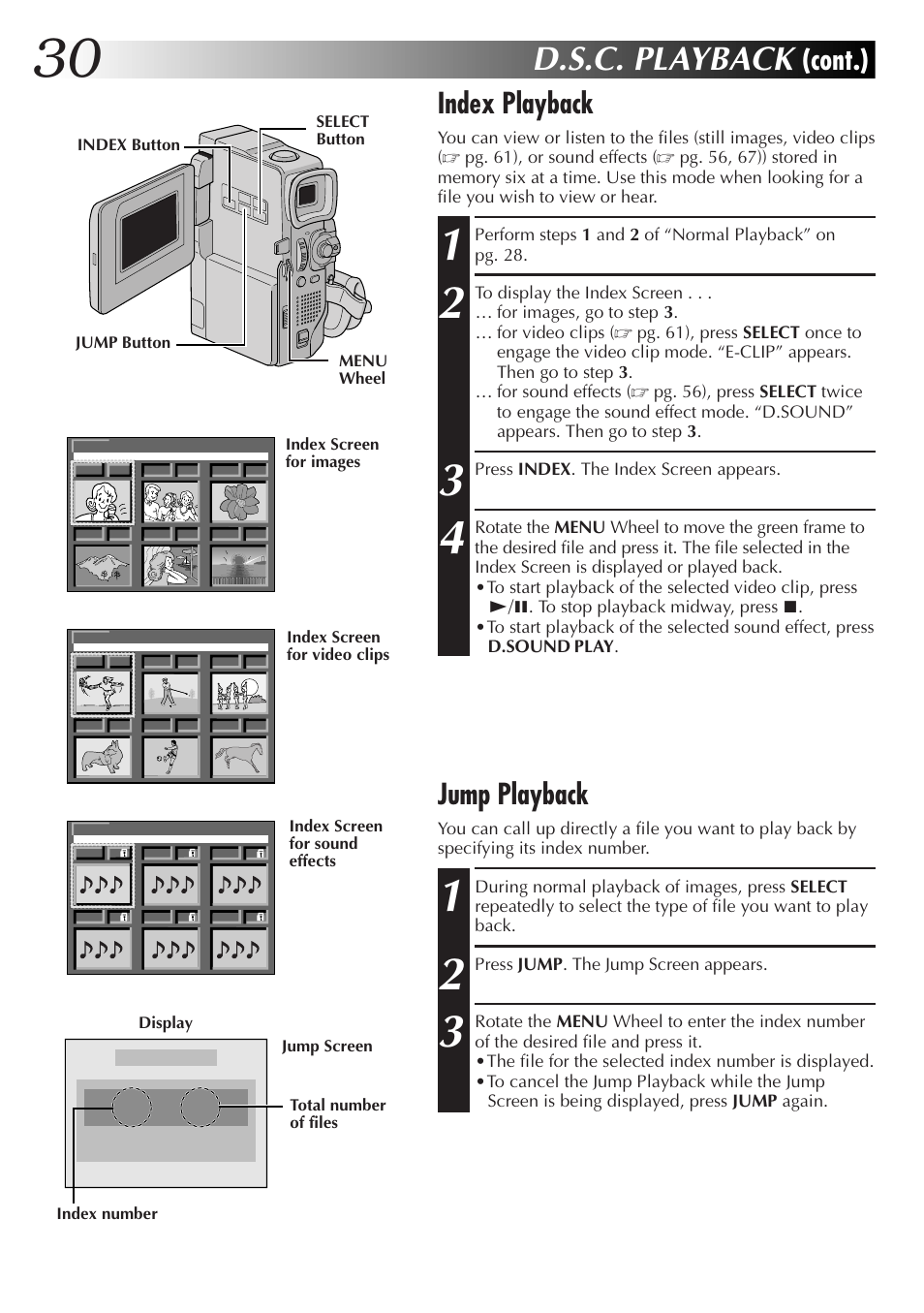 D.s.c. playback, Index playback, Cont.) | Jump playback | JVC GR-DVX48A User Manual | Page 30 / 100