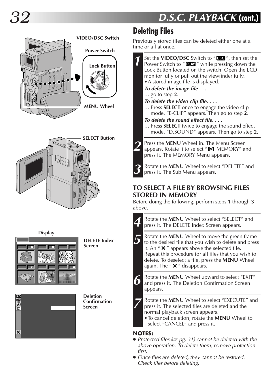 D.s.c. playback, Deleting files, Cont.) | JVC GR-DVX48A User Manual | Page 32 / 100