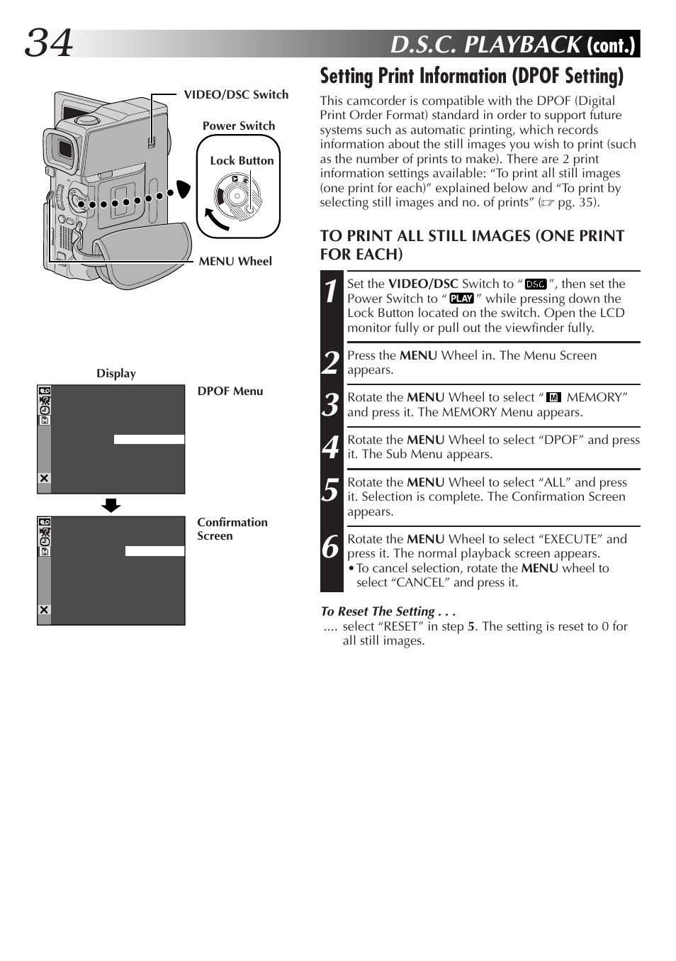 D.s.c. playback, Setting print information (dpof setting), Cont.) | JVC GR-DVX48A User Manual | Page 34 / 100