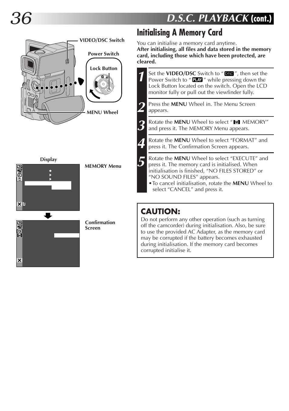 D.s.c. playback, Cont.), Caution | JVC GR-DVX48A User Manual | Page 36 / 100
