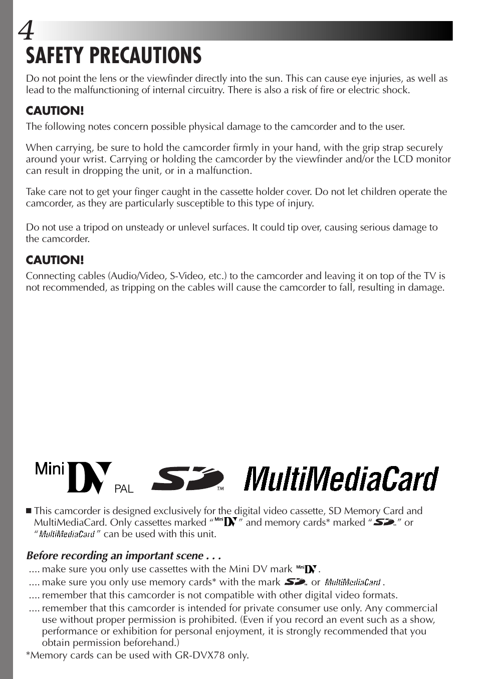Safety precautions | JVC GR-DVX48A User Manual | Page 4 / 100