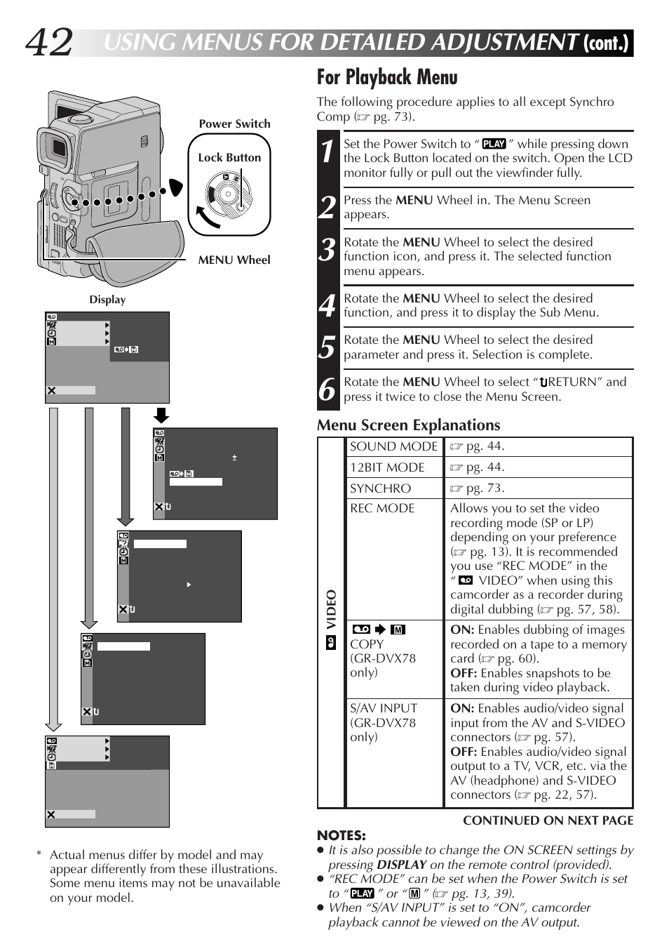 Using menus for detailed adjustment, For playback menu, Cont.) | Menu screen explanations | JVC GR-DVX48A User Manual | Page 42 / 100