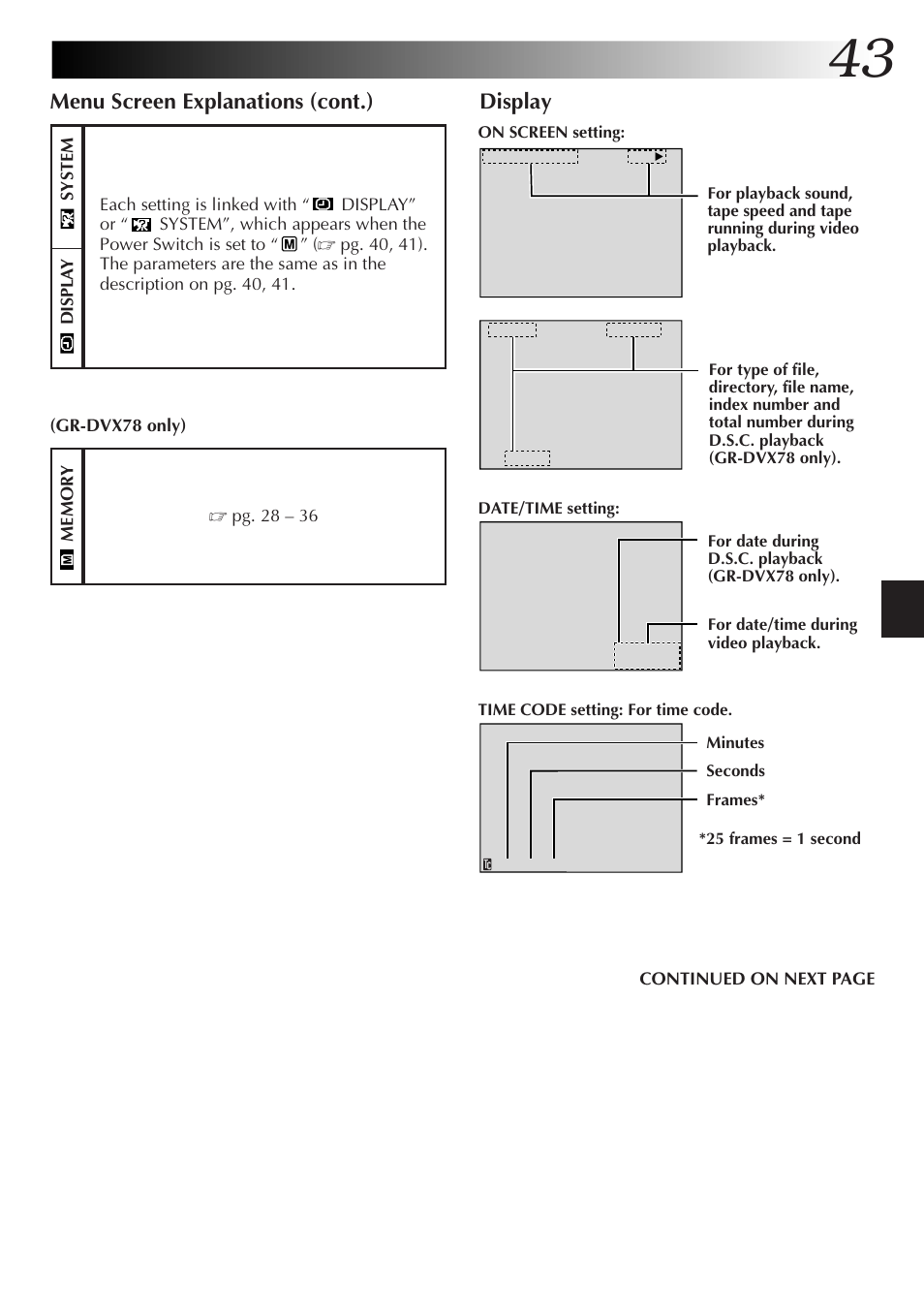 Menu screen explanations (cont.), Display | JVC GR-DVX48A User Manual | Page 43 / 100