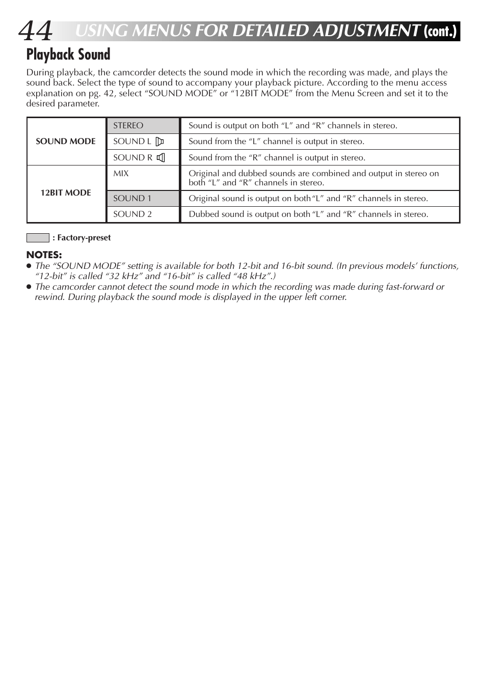 Using menus for detailed adjustment, Cont.) playback sound | JVC GR-DVX48A User Manual | Page 44 / 100