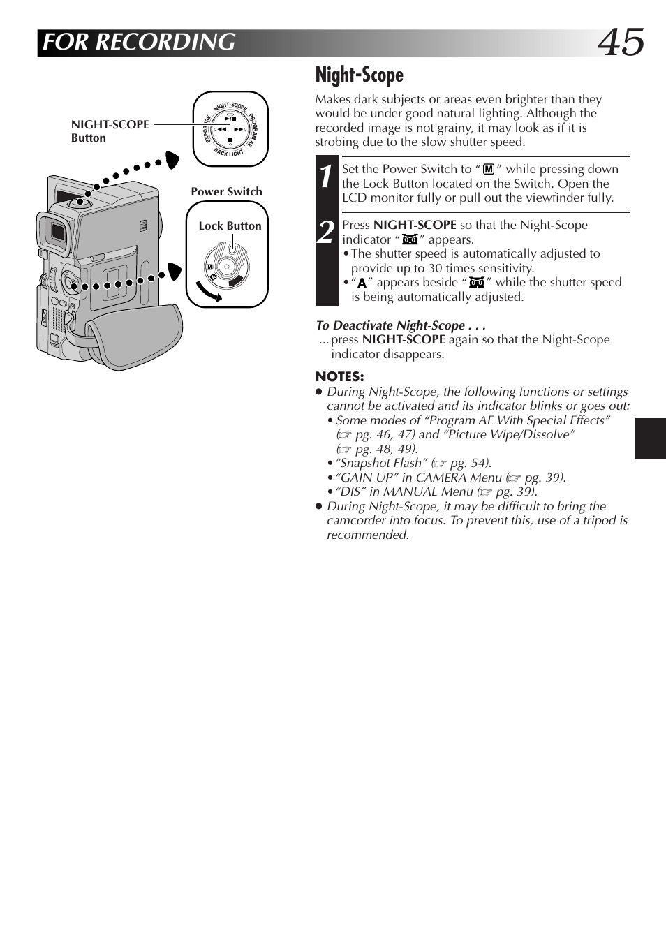 For recording, Night-scope | JVC GR-DVX48A User Manual | Page 45 / 100