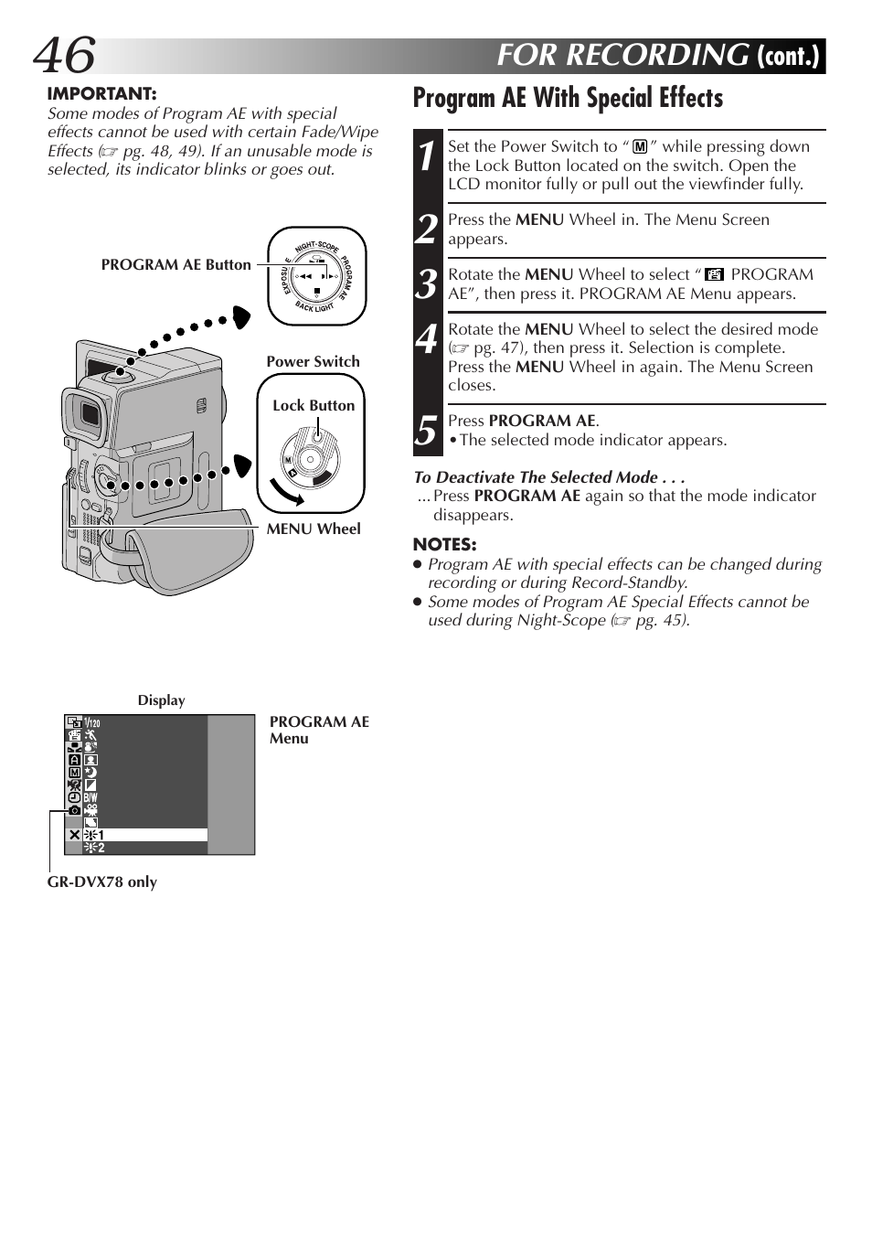 For recording, Cont.) program ae with special effects | JVC GR-DVX48A User Manual | Page 46 / 100