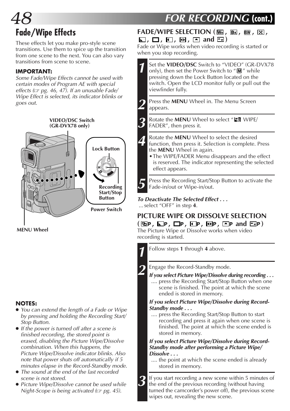 For recording, Cont.) fade/wipe effects | JVC GR-DVX48A User Manual | Page 48 / 100