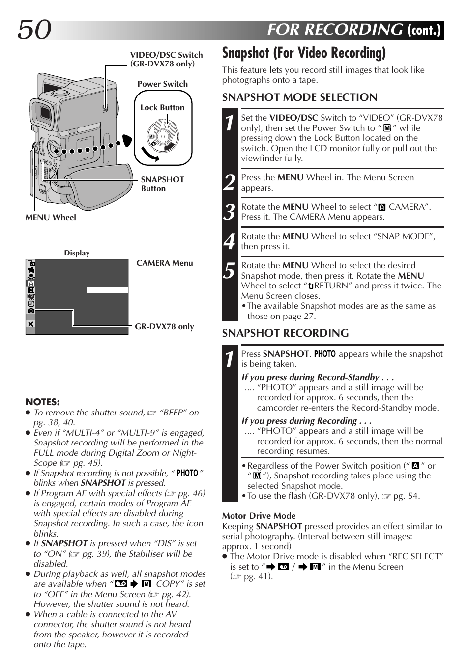 For recording, Cont.) snapshot (for video recording) | JVC GR-DVX48A User Manual | Page 50 / 100