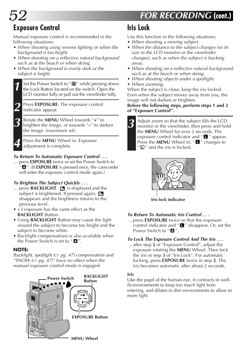 For recording, Cont.) exposure control, Iris lock | JVC GR-DVX48A User Manual | Page 52 / 100
