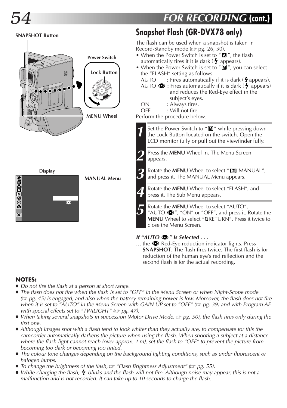 For recording, Cont.) snapshot flash (gr-dvx78 only) | JVC GR-DVX48A User Manual | Page 54 / 100