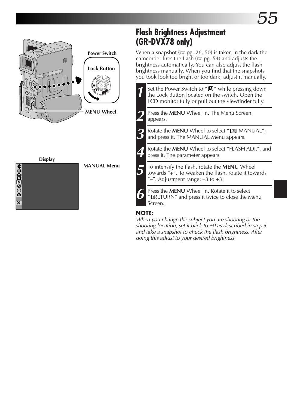 Flash brightness adjustment (gr-dvx78 only) | JVC GR-DVX48A User Manual | Page 55 / 100