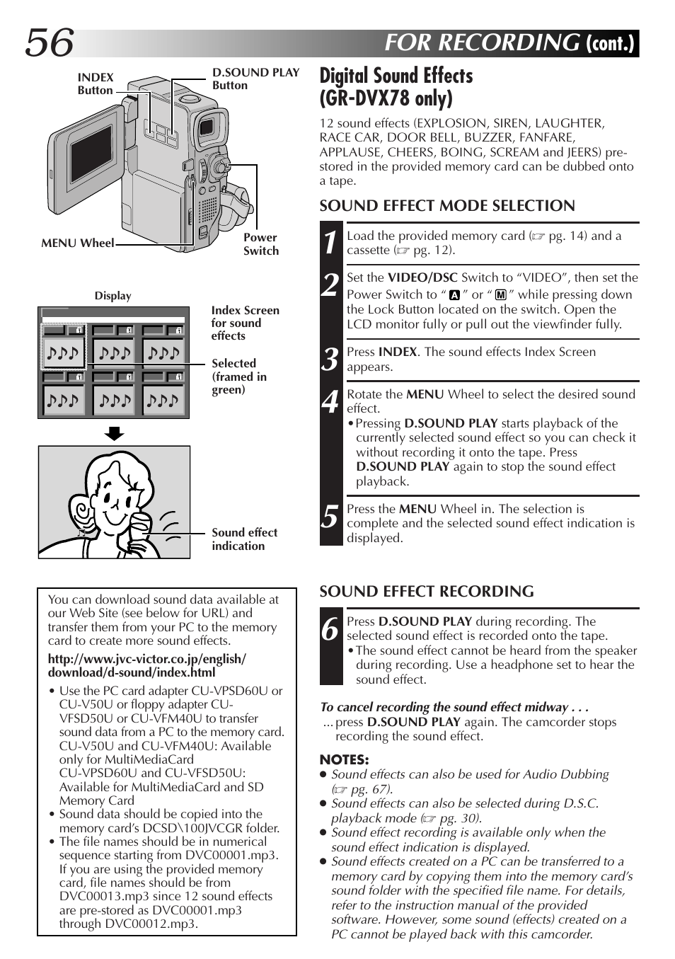 For recording, Digital sound effects (gr-dvx78 only), Cont.) | JVC GR-DVX48A User Manual | Page 56 / 100