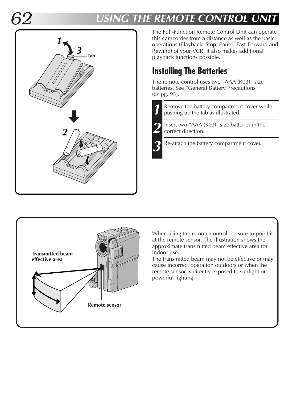 Using the remote control unit, Installing the batteries | JVC GR-DVX48A User Manual | Page 62 / 100