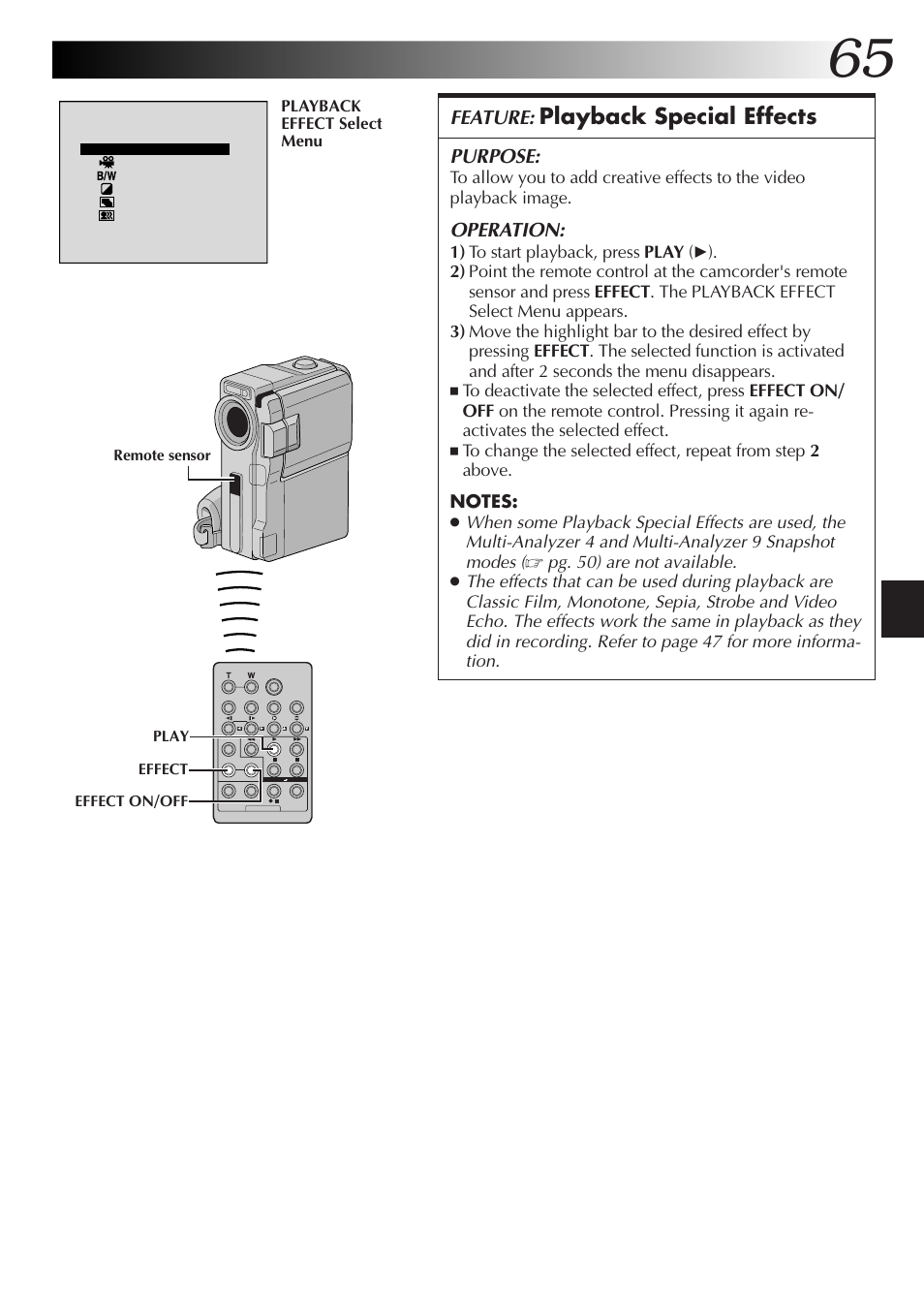 Playback special effects, Feature, Purpose | Operation | JVC GR-DVX48A User Manual | Page 65 / 100