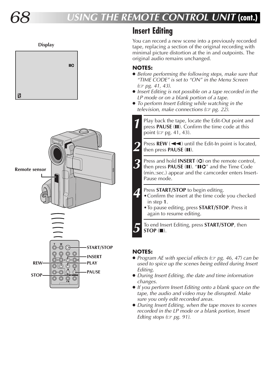 Using the remote control unit, Cont.) insert editing | JVC GR-DVX48A User Manual | Page 68 / 100