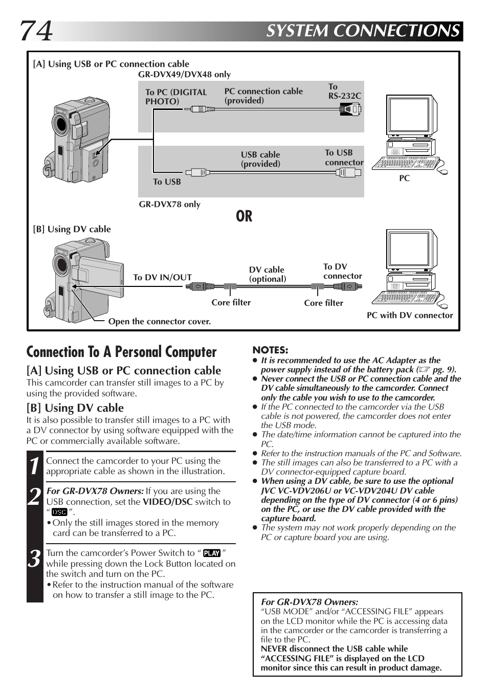 System connections, Connection to a personal computer | JVC GR-DVX48A User Manual | Page 74 / 100