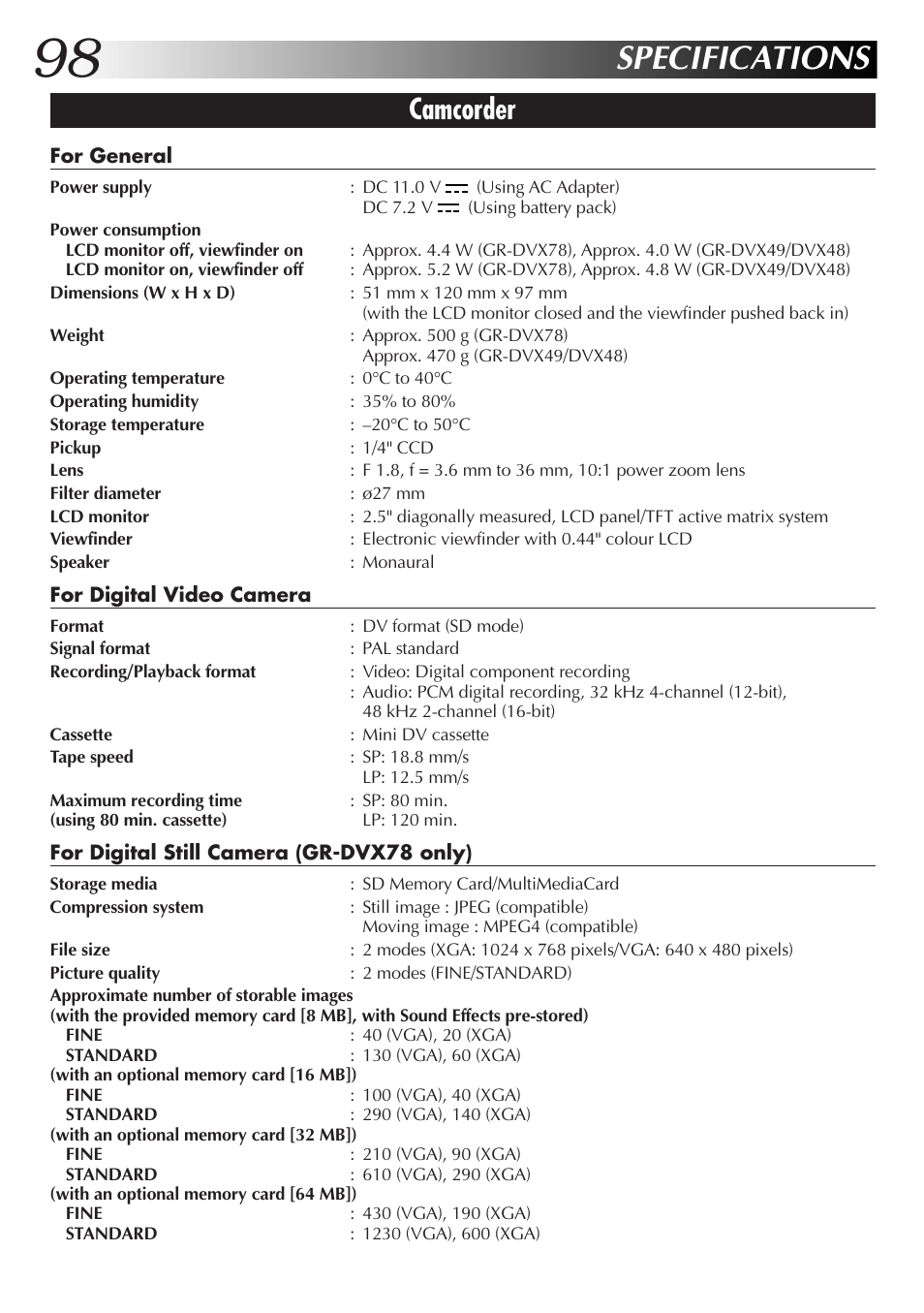 Specifications, Camcorder | JVC GR-DVX48A User Manual | Page 98 / 100