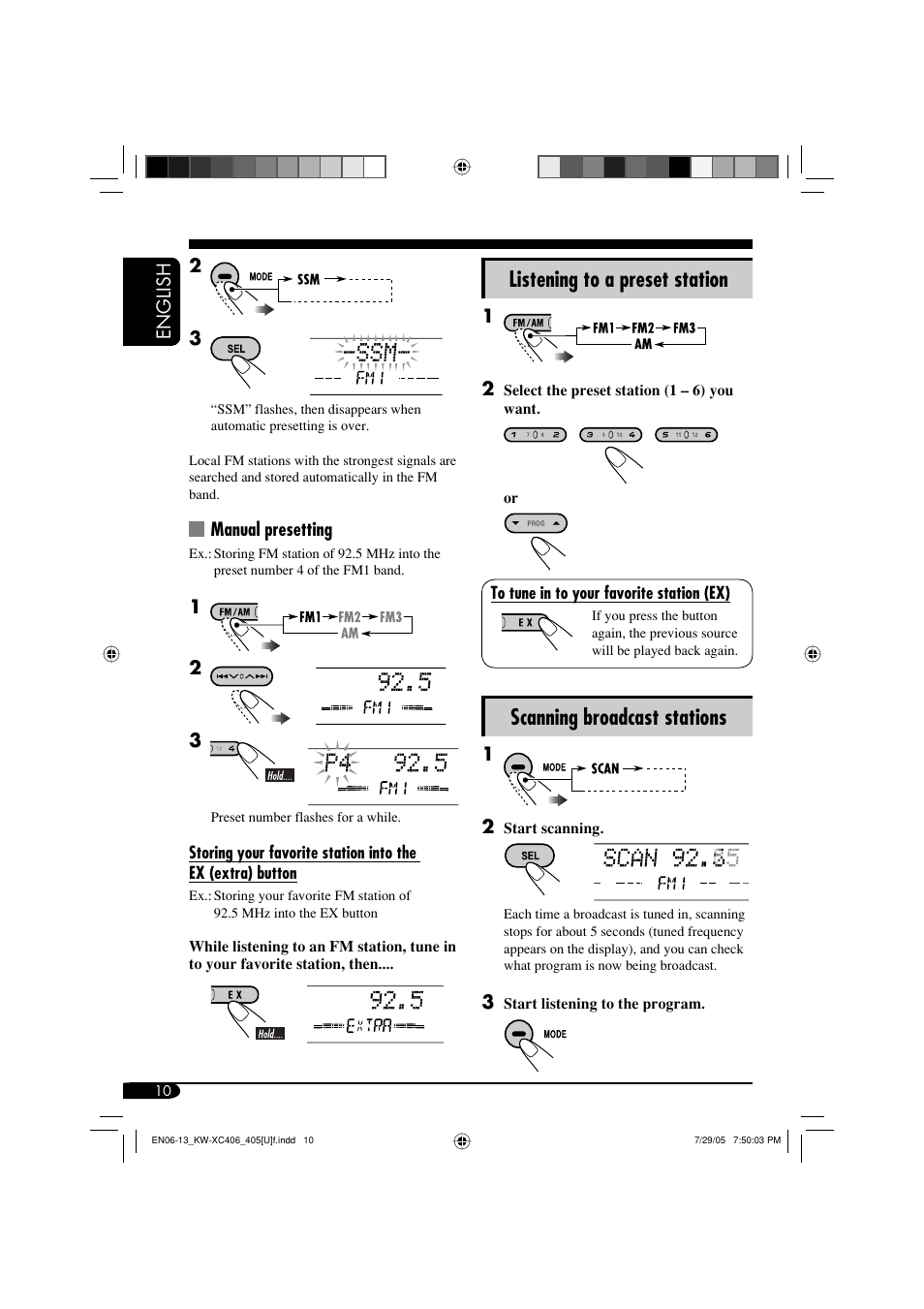 Listening to a preset station, Scanning broadcast stations | JVC W-XC406 User Manual | Page 10 / 66