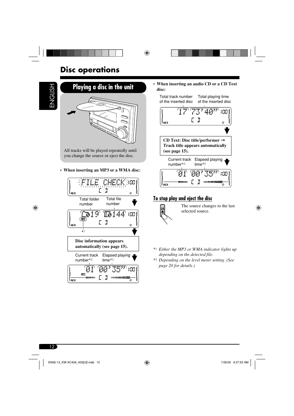 Disc operations, Playing a disc in the unit, English | JVC W-XC406 User Manual | Page 12 / 66