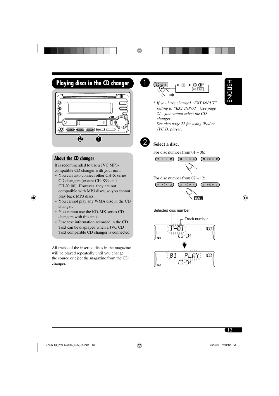 Playing discs in the cd changer | JVC W-XC406 User Manual | Page 13 / 66