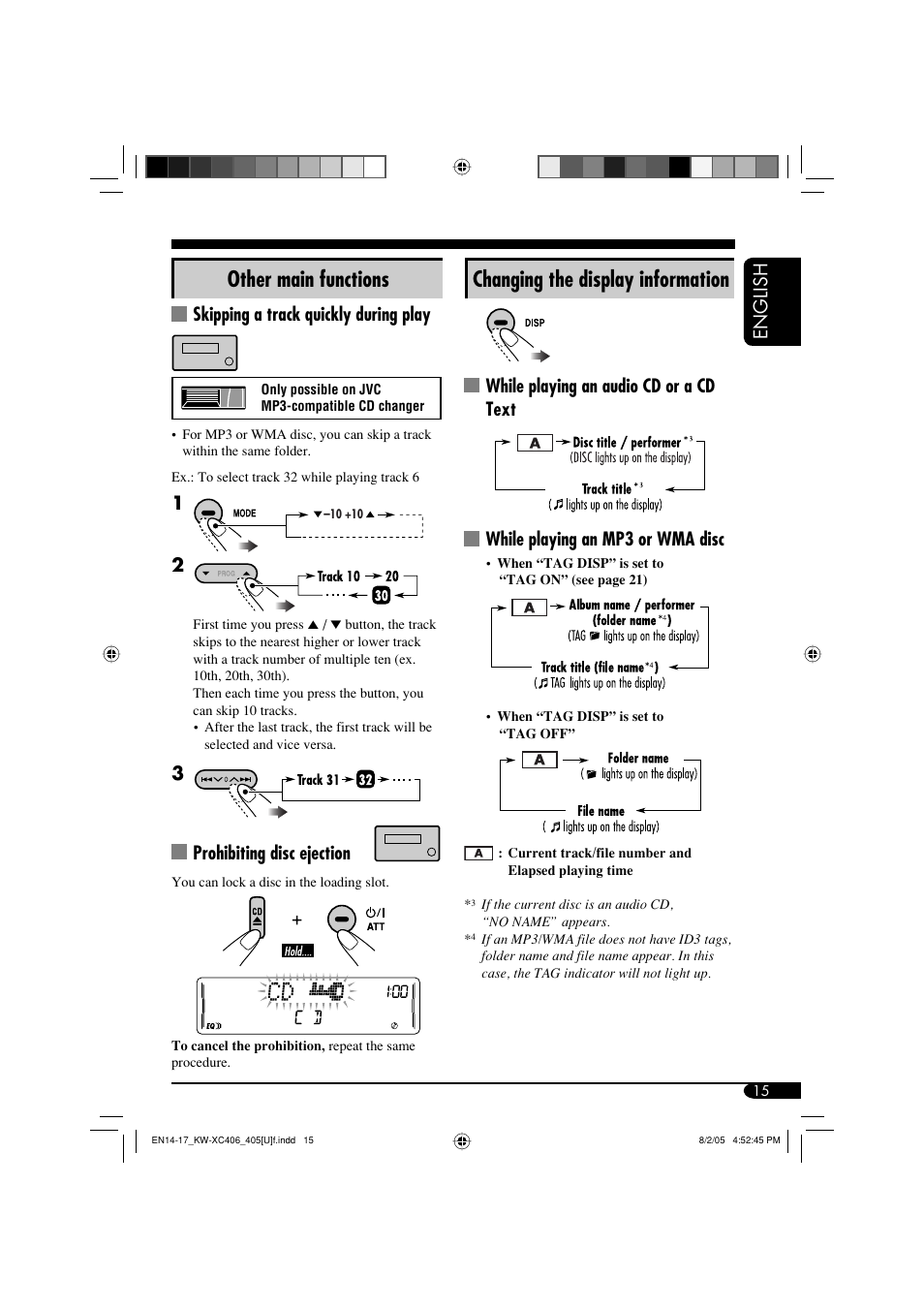 Other main functions, Changing the display information | JVC W-XC406 User Manual | Page 15 / 66