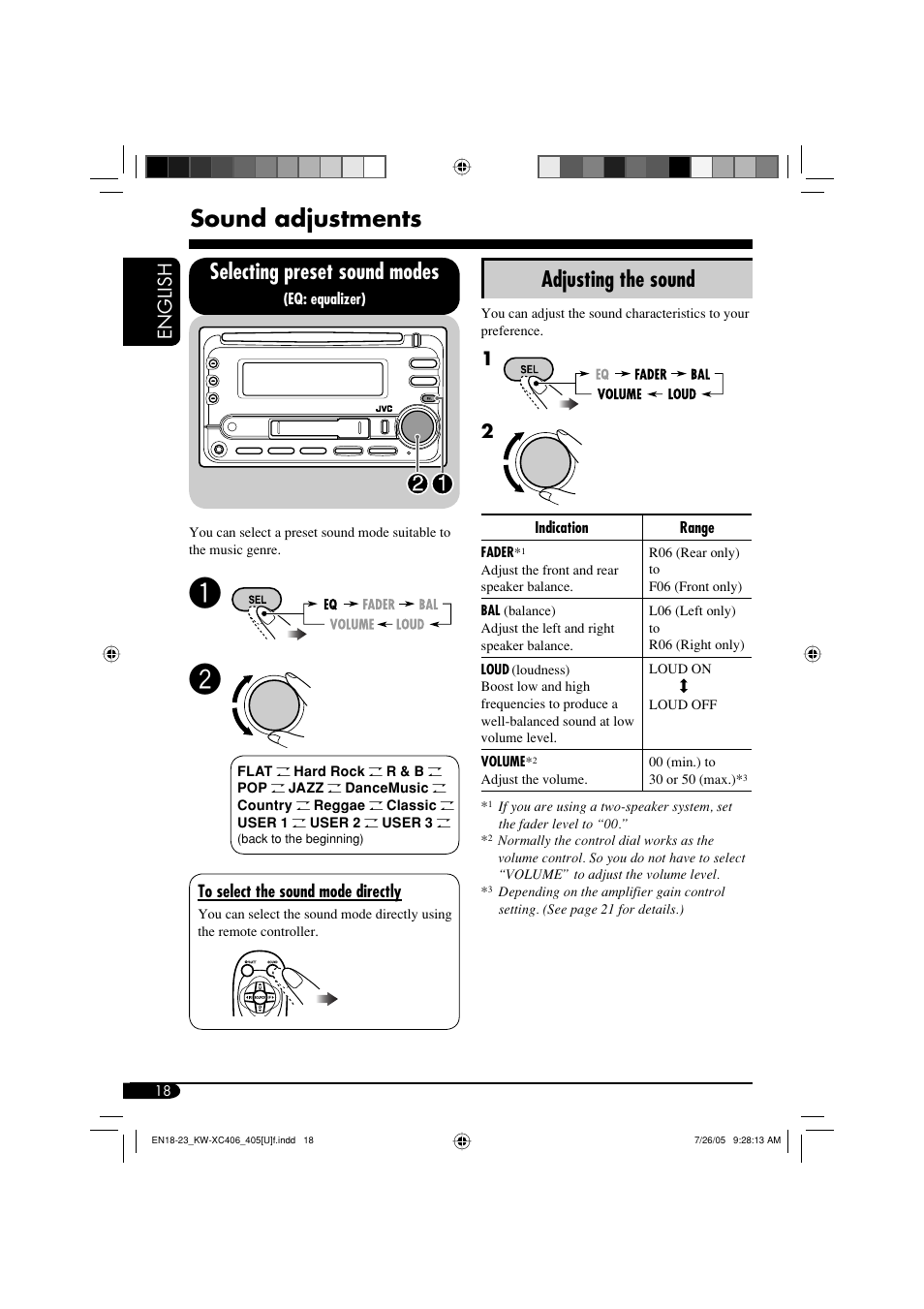 Sound adjustments, Selecting preset sound modes, Adjusting the sound | JVC W-XC406 User Manual | Page 18 / 66