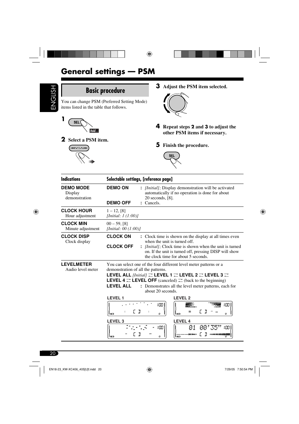 General settings — psm, Basic procedure | JVC W-XC406 User Manual | Page 20 / 66