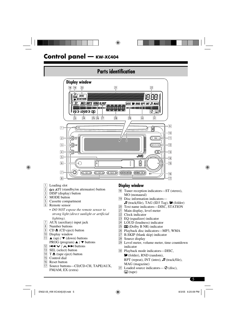 Control panel — kw-xc404, Control panel, Parts identification | JVC W-XC406 User Manual | Page 39 / 66