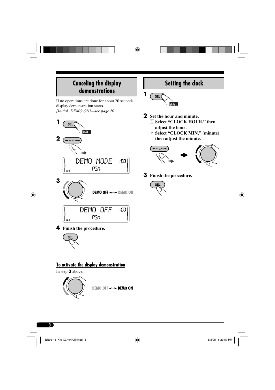 Canceling the display demonstrations, Setting the clock | JVC W-XC406 User Manual | Page 42 / 66