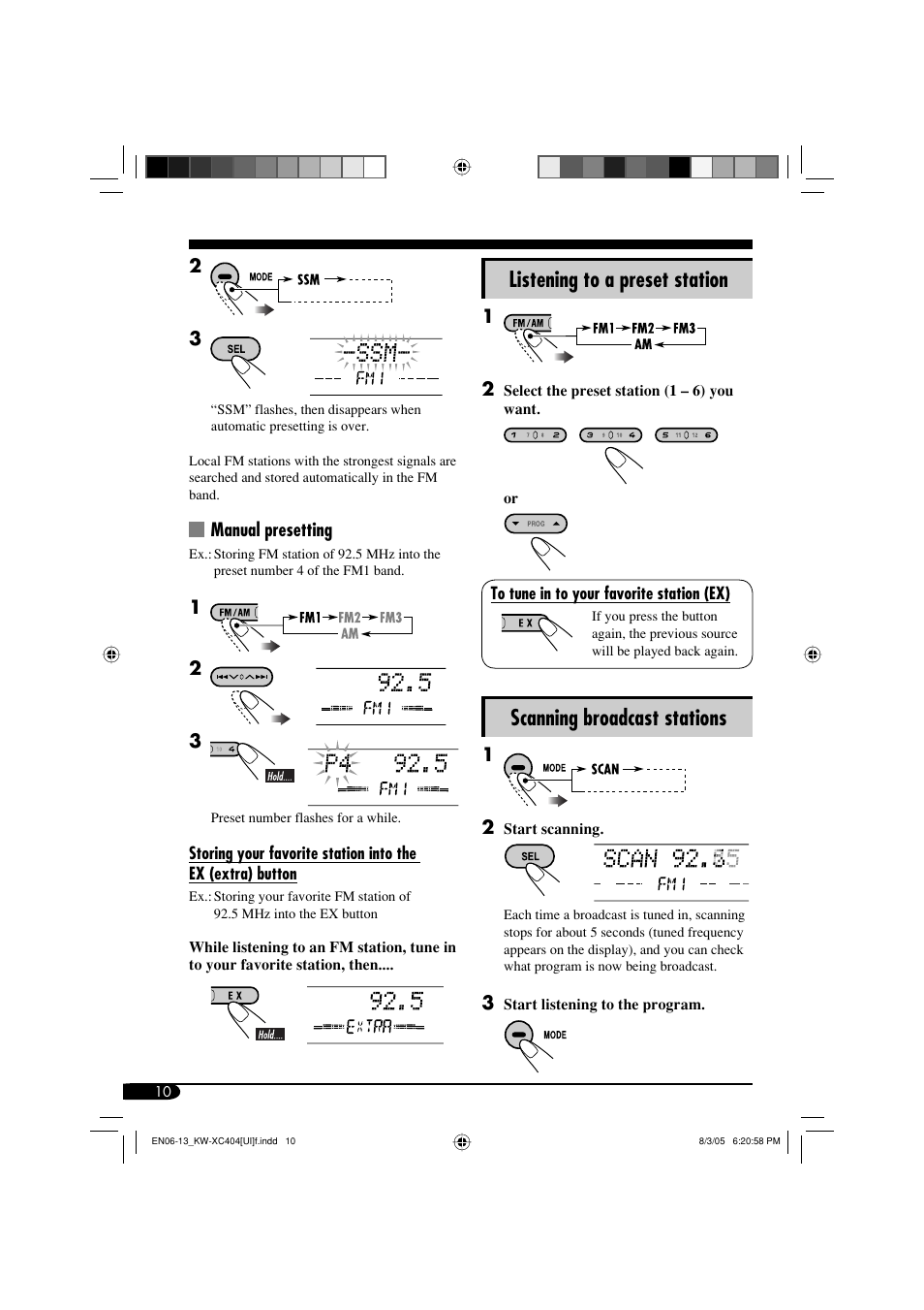 Listening to a preset station, Scanning broadcast stations | JVC W-XC406 User Manual | Page 44 / 66