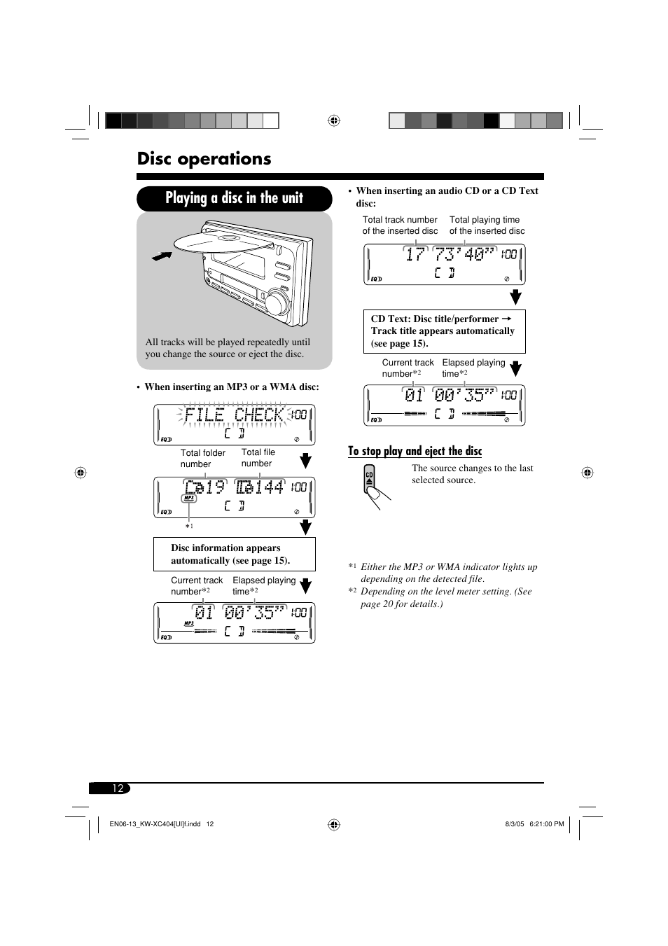 Disc operations, Playing a disc in the unit | JVC W-XC406 User Manual | Page 46 / 66