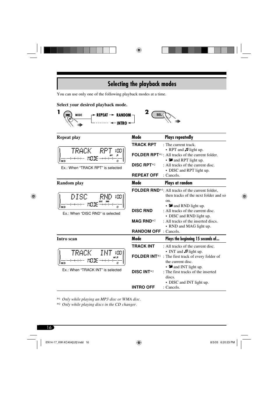 Selecting the playback modes | JVC W-XC406 User Manual | Page 50 / 66