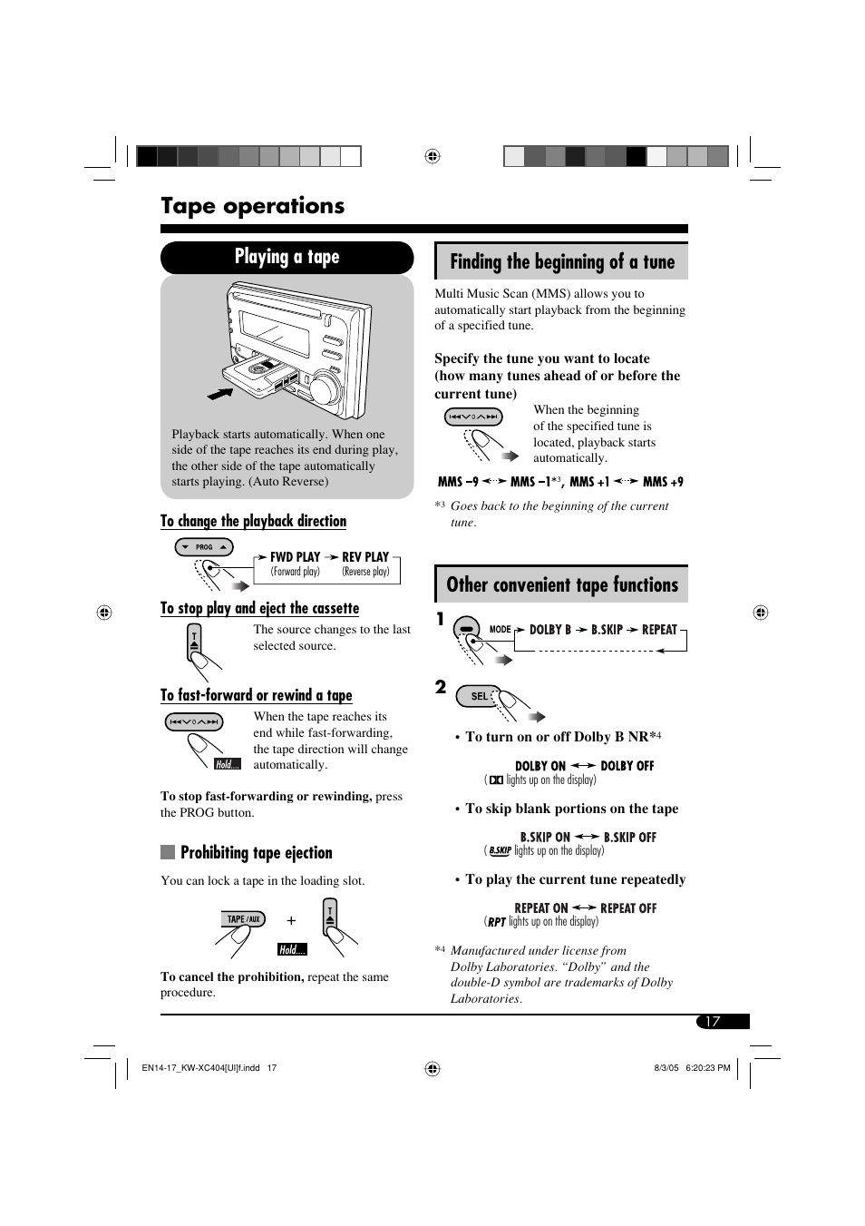 Tape operations, Playing a tape finding the beginning of a tune, Other convenient tape functions | JVC W-XC406 User Manual | Page 51 / 66