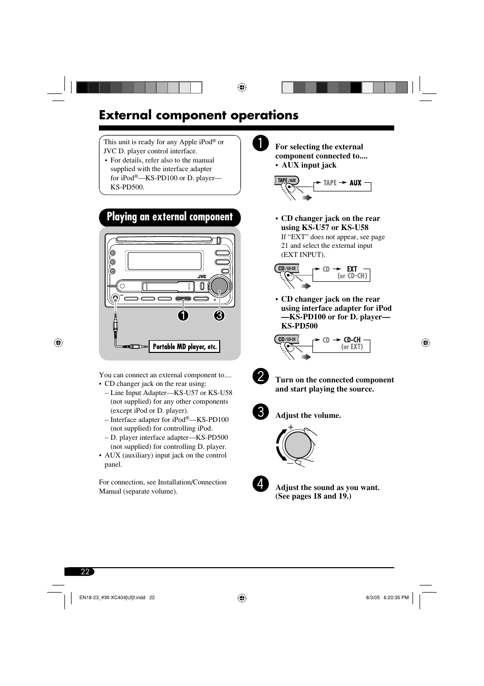 External component operations, Playing an external component | JVC W-XC406 User Manual | Page 56 / 66