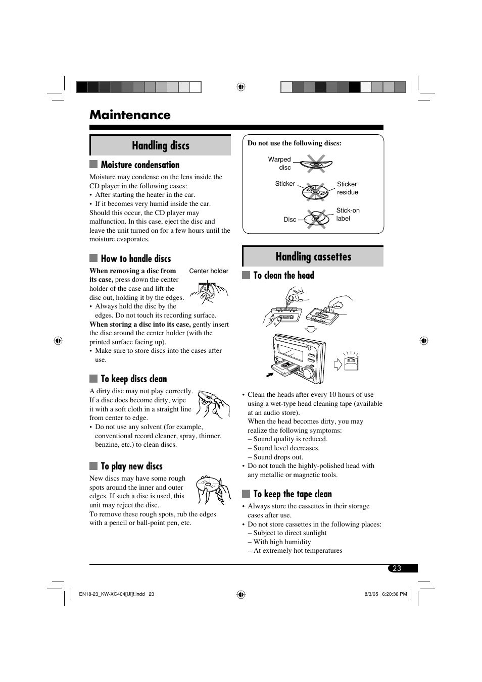 Maintenance, Handling cassettes, Handling discs | JVC W-XC406 User Manual | Page 57 / 66