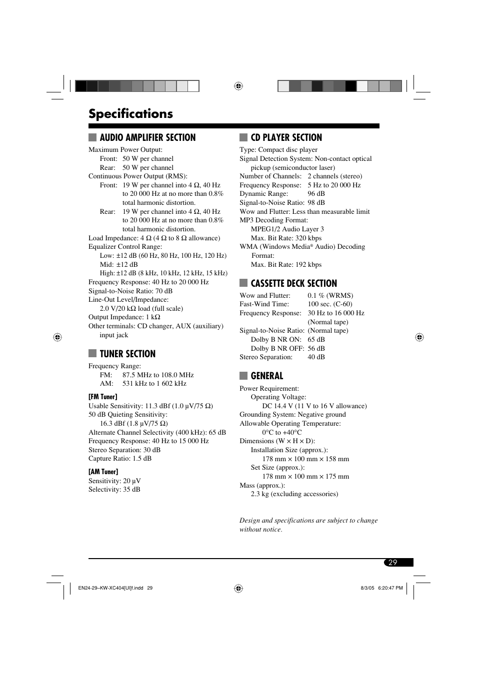 Specifications | JVC W-XC406 User Manual | Page 63 / 66