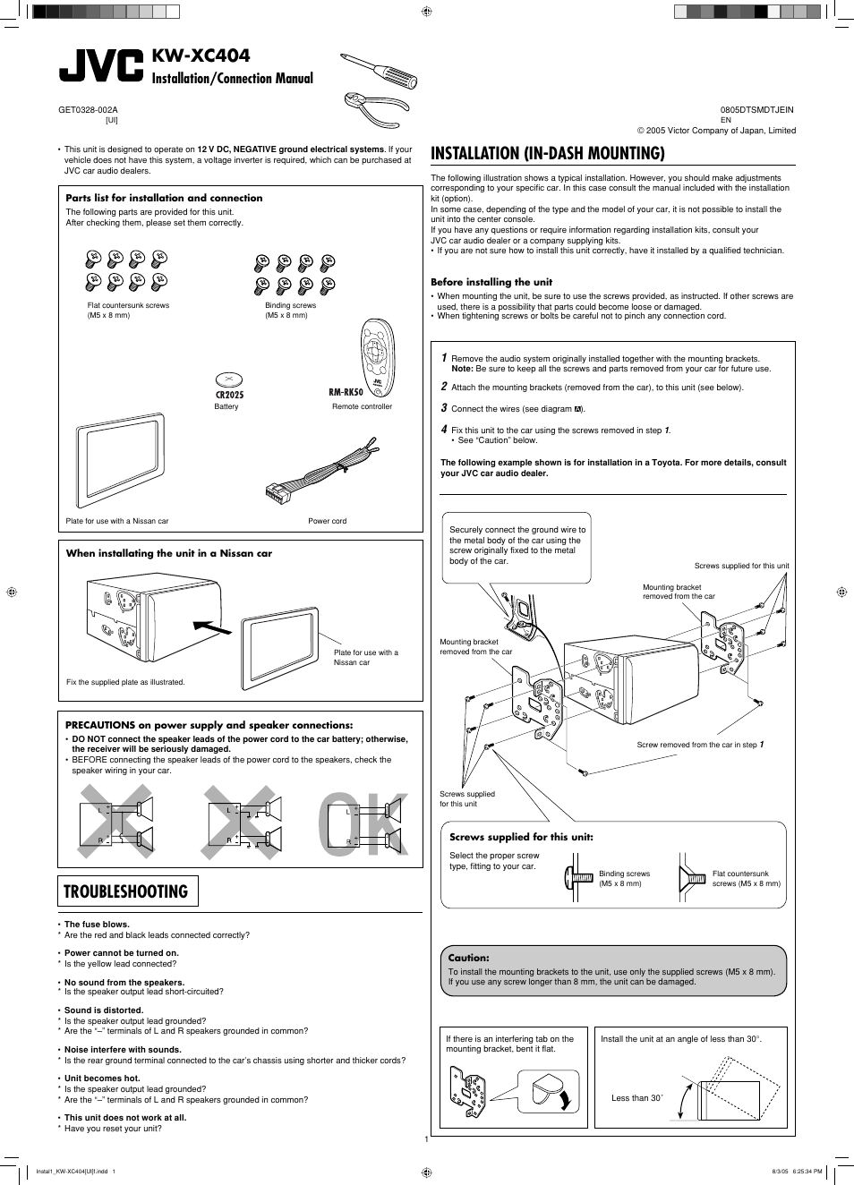 Kw-xc404 installation/connection manual, Installation (in-dash mounting), Troubleshooting | Kw-xc404, Installation/connection manual | JVC W-XC406 User Manual | Page 65 / 66