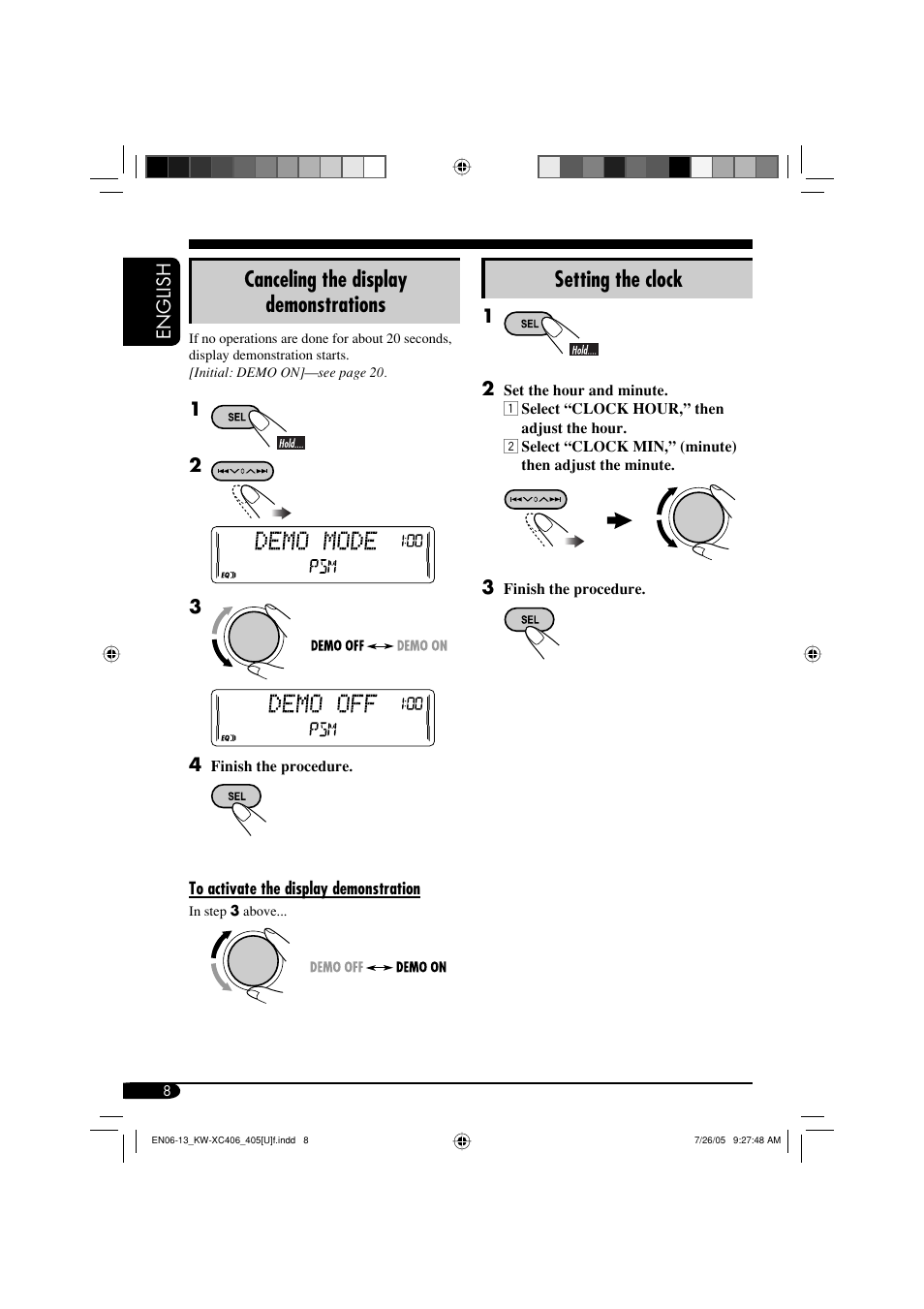 Canceling the display demonstrations, Setting the clock | JVC W-XC406 User Manual | Page 8 / 66