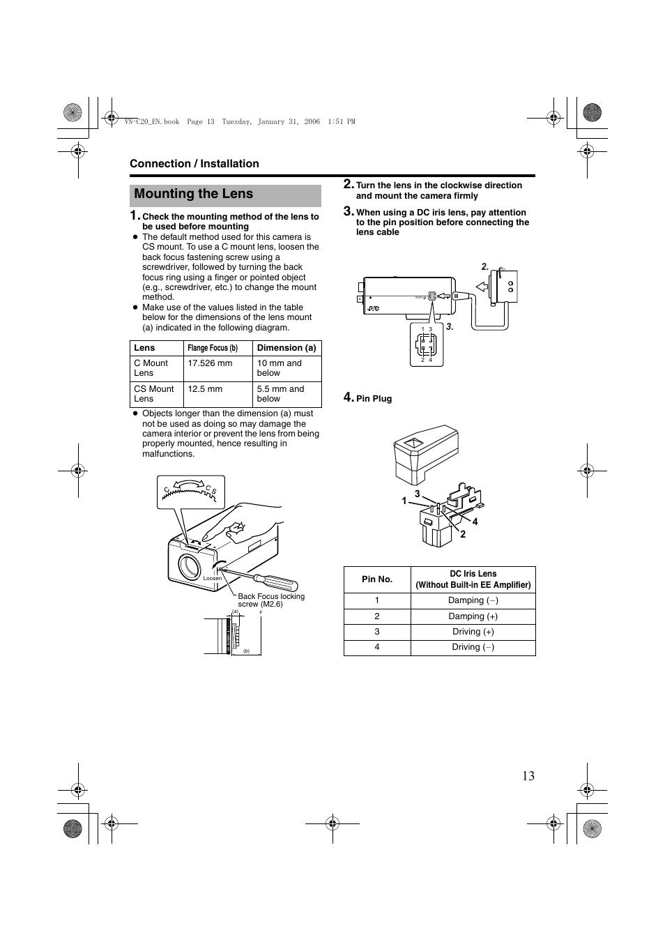 Connection / installation, Mounting the lens, 1 connection / installation | JVC VN-C20 User Manual | Page 13 / 76