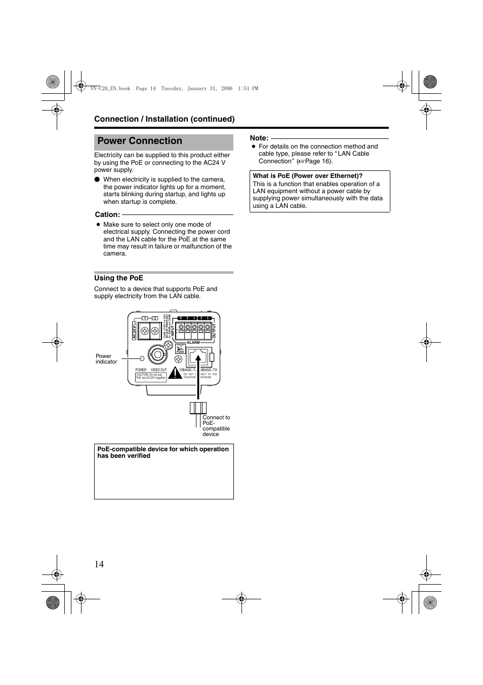 Power connection, Using the poe, Connection / installation (continued) | Cation | JVC VN-C20 User Manual | Page 14 / 76