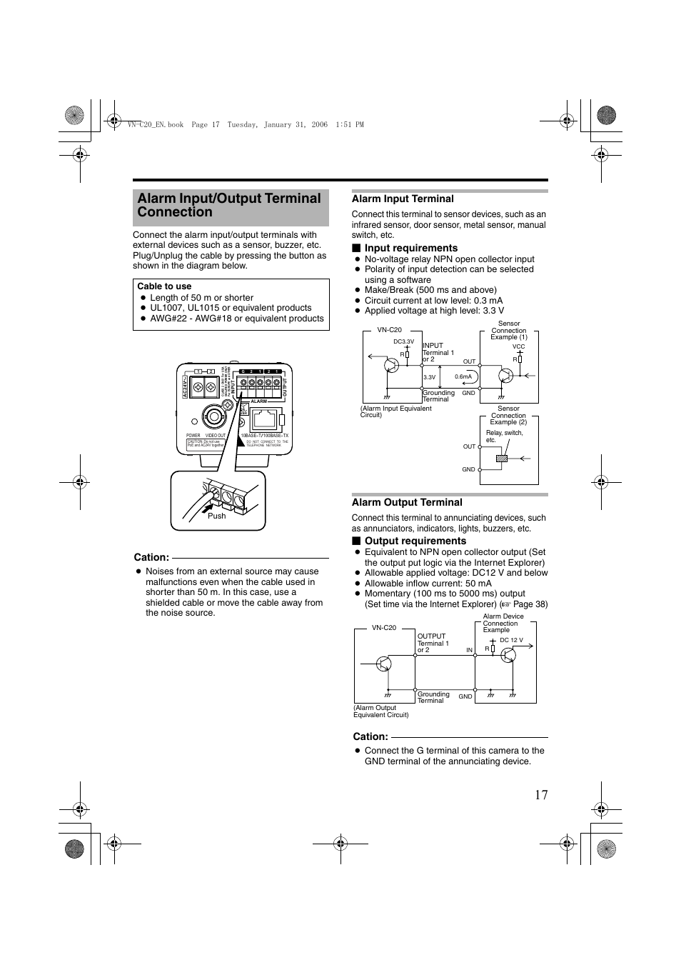 Alarm input/output terminal connection, Alarm input terminal, Alarm output terminal | Alarm input/output terminal connection 17, Alarm input terminal alarm output terminal, Cation, Input requirements, Output requirements | JVC VN-C20 User Manual | Page 17 / 76