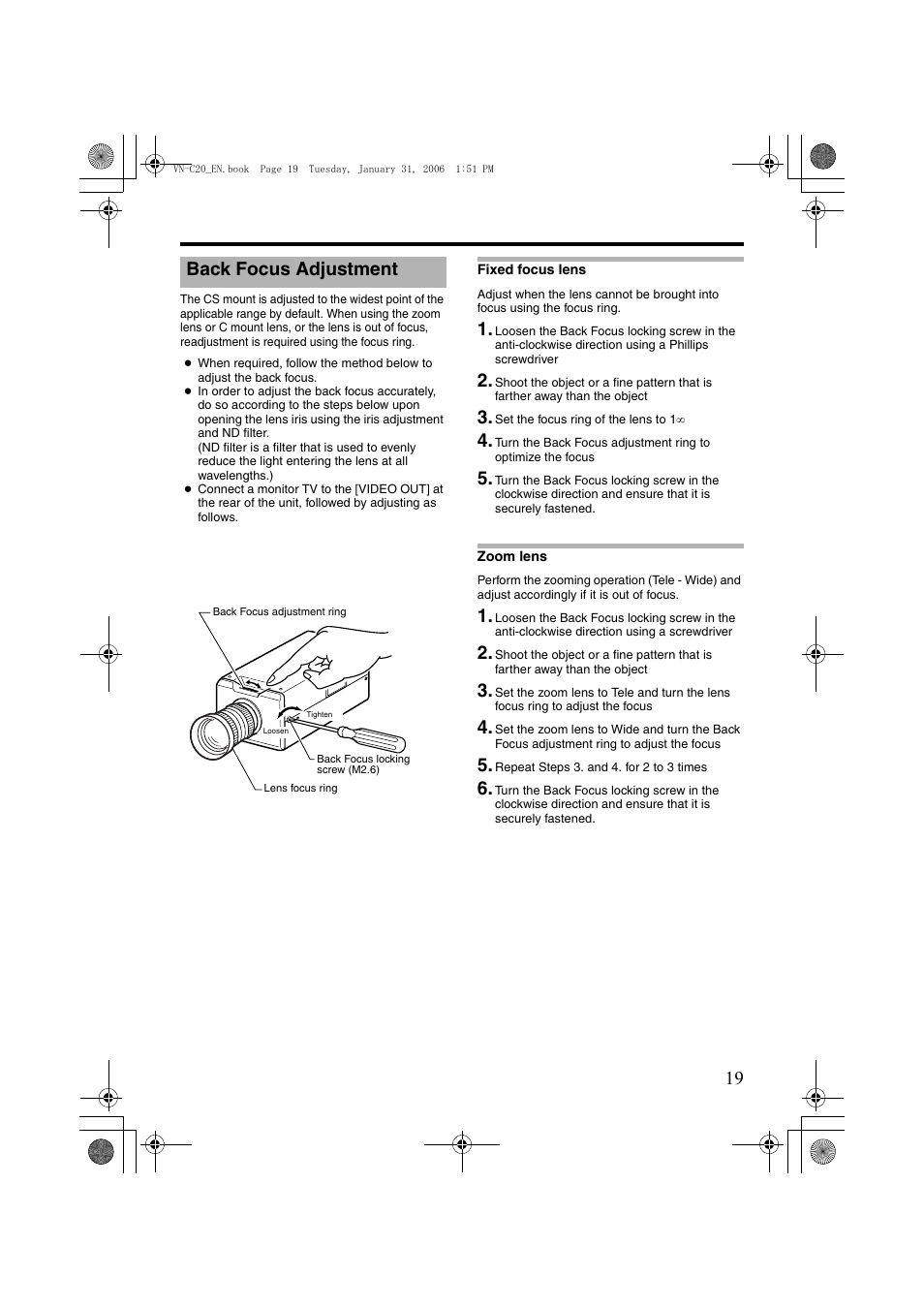 Back focus adjustment | JVC VN-C20 User Manual | Page 19 / 76