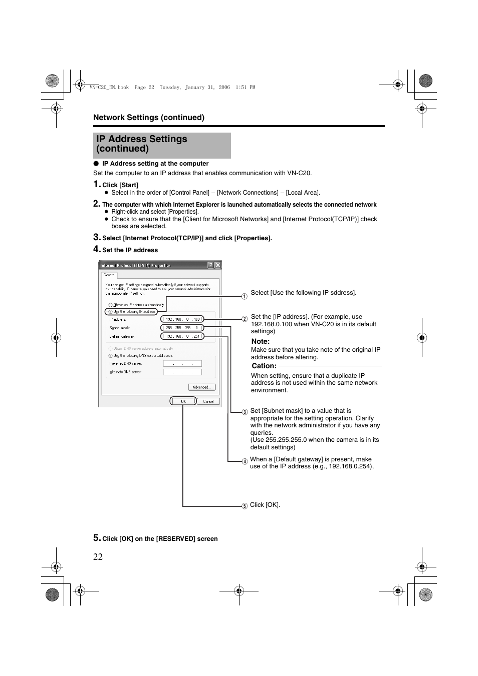 Ip address settings (continued) | JVC VN-C20 User Manual | Page 22 / 76