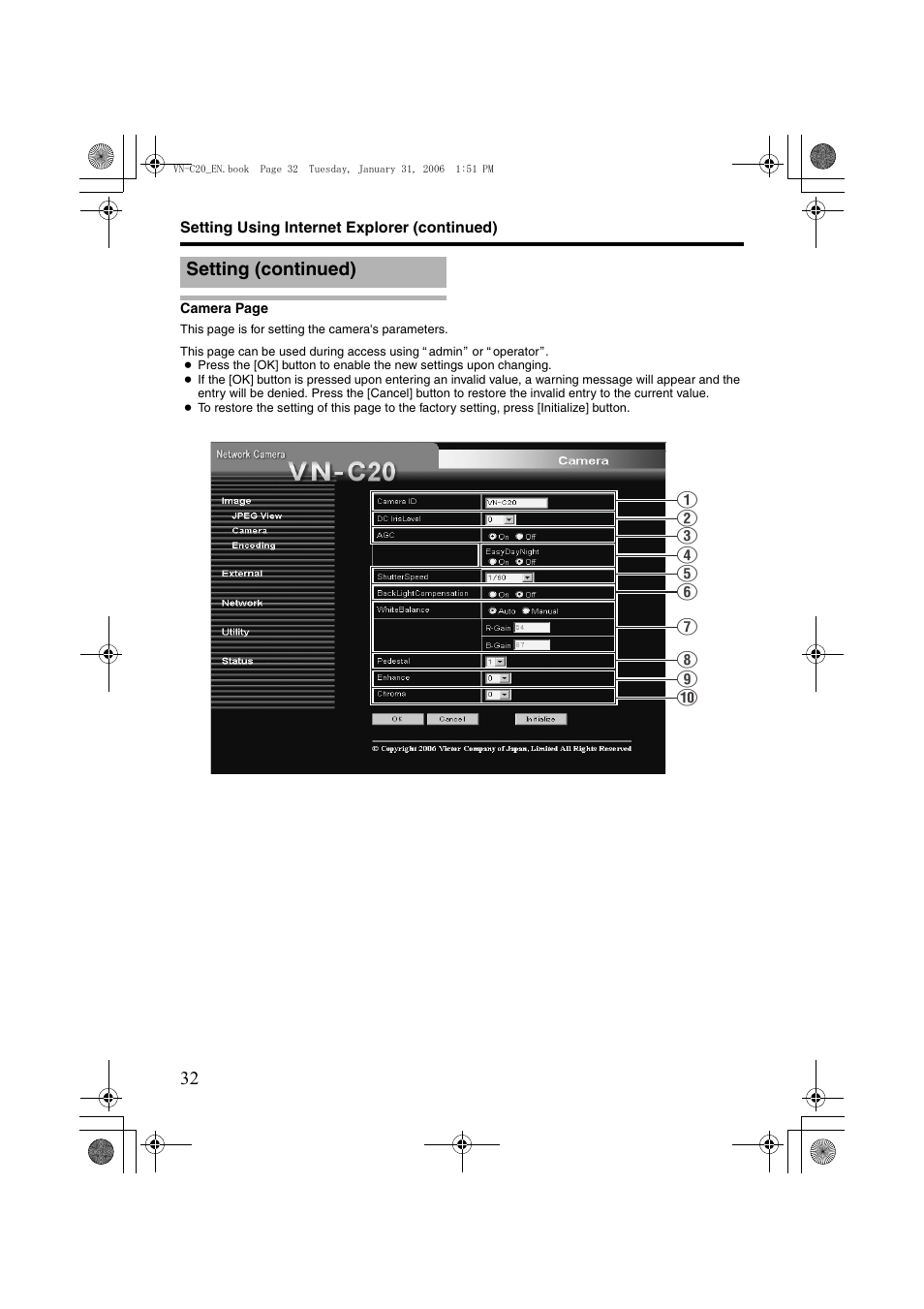 Setting (continued) | JVC VN-C20 User Manual | Page 32 / 76