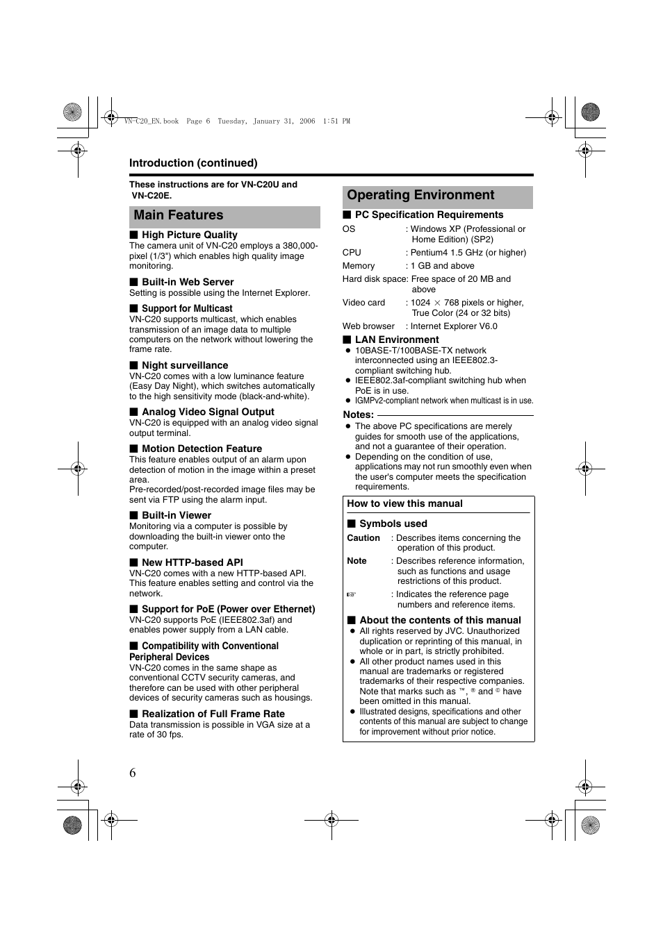 Main features, Operating environment, Main features operating environment | JVC VN-C20 User Manual | Page 6 / 76