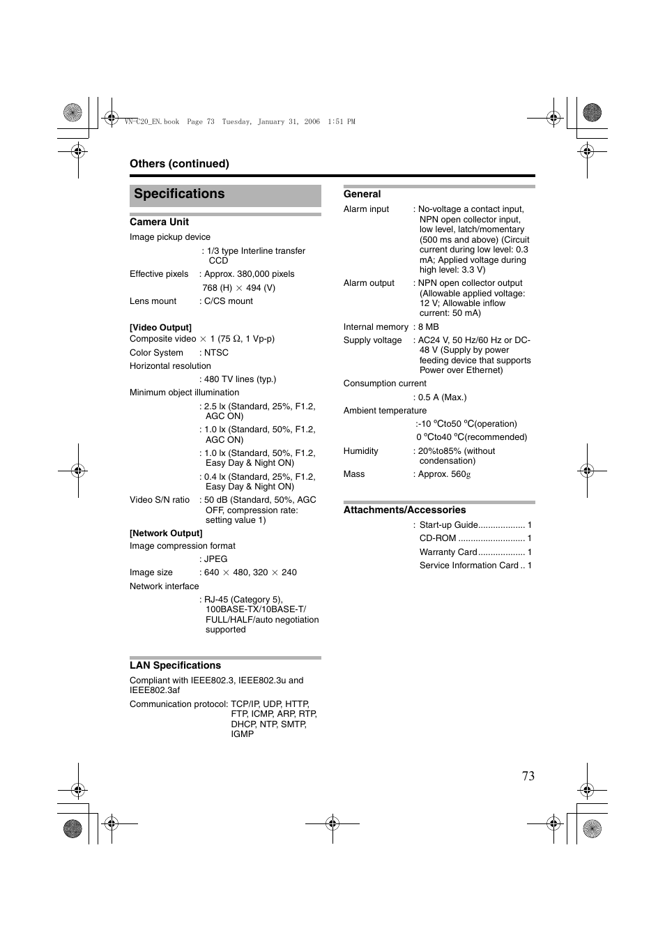 Specifications | JVC VN-C20 User Manual | Page 73 / 76