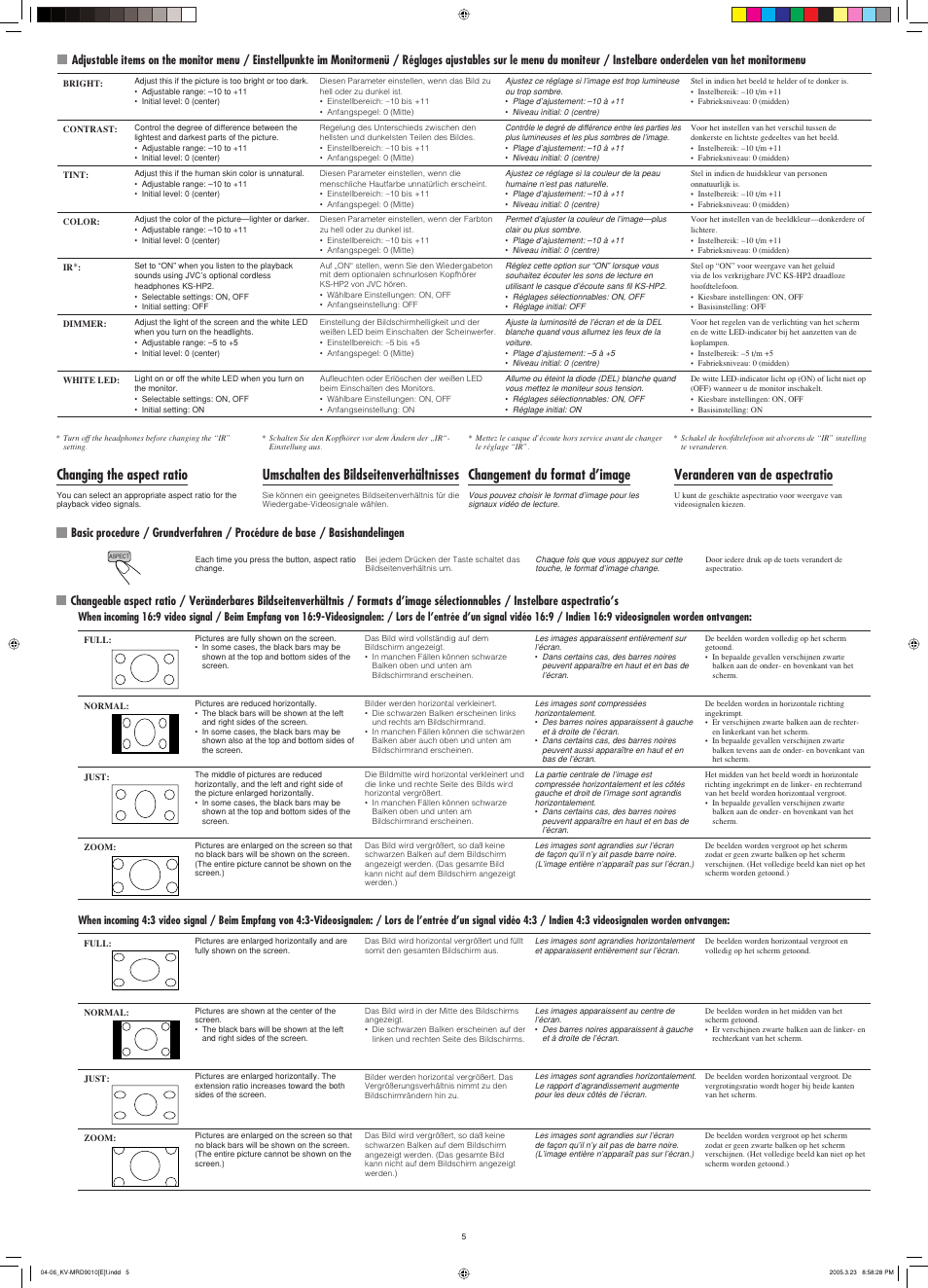 Changing the aspect ratio, Umschalten des bildseitenverhältnisses, Changement du format d’image | Veranderen van de aspectratio | JVC KV-MR9010 User Manual | Page 5 / 6