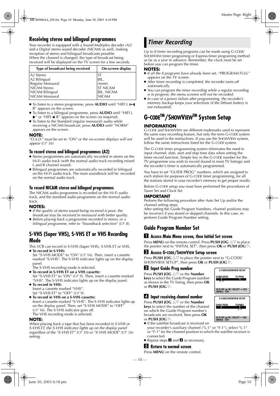 Timer recording, System setup, Receiving stereo and bilingual programmes | S-vhs (super vhs), s-vhs et or vhs recording mode, Code, Guide program number set a | JVC 0703-AH-PJ-BJ User Manual | Page 10 / 28