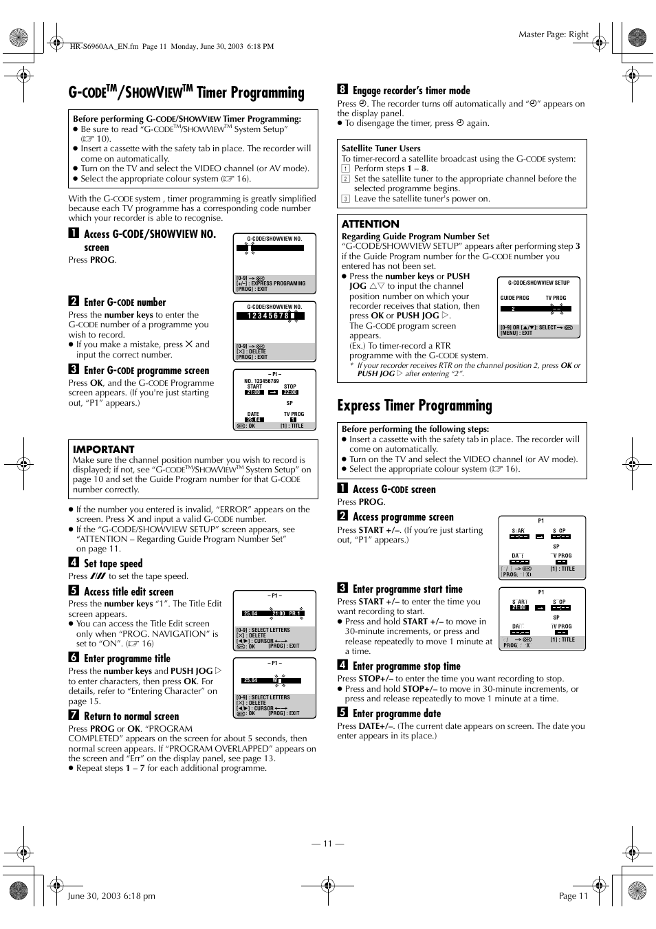 Timer programming, Express timer programming, Code | JVC 0703-AH-PJ-BJ User Manual | Page 11 / 28